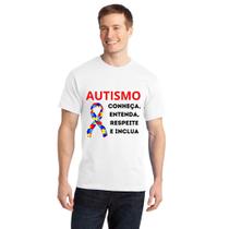 Camiseta Masculina 100% algodão com estampa de Símbolo do Autismo e frase "Conheça, Entenda, Respeite e Inclua"