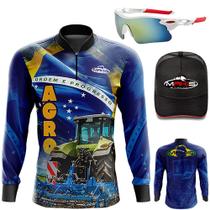 Camiseta Masculina Agro Azul Com Punho Luva Boné + Óculos