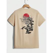 Camiseta Masculina Algodão Arvore Sol Samurai Japão Streetwear