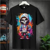 Camiseta Masculina Algodão Casual Streetwear Infantil, Adulto e Plus Size Caveira Mexicana Swag