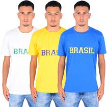 Camiseta Masculina Algodão Gola Careca Manga Curta Kit 3 Azul/Amarelo P