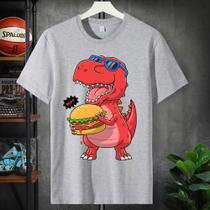 Camiseta Masculina Algodão Streetwear Infantil, Adulto e Plus Size Dino Hamburguer