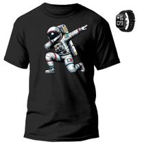 Camiseta Masculina Astronauta Galaxia De Algodão Com Relógio