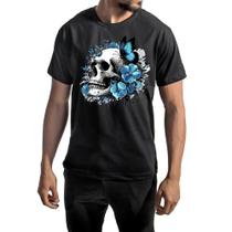 Camiseta Masculina Básica Algodão Estampada Caveira Flor