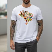 Camiseta Masculina Branca Mapa Brasil Colorido Algodão Premium Camisa Casual Estilo Nacional Manga Curta Visual Moderno Confortável Slim Fit Camiseta Masculina Branca Mapa Brasil Colorido Algodão Premium Camisa Casual Estilo Nacional Manga Curta Visual Moderno Confortável Slim Fit