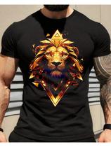 Camiseta Masculina Brilho - Estampa de Leão Dourado em Algodão Preto Camiseta Masculina Brilho - Estampa de Leão Dourado em Algodão Preto