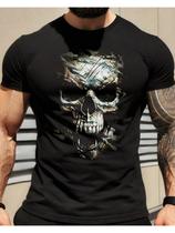 Camiseta Masculina Camuflado - Estampa de Caveira Camuflada em Algodão Preto