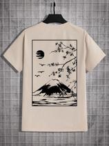 Camiseta Masculina Casual de Algodão - Design Tokyo Sakura Mount Fuji