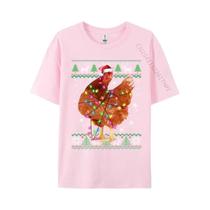 Camiseta Masculina Casual De Algodão Natural Com Estampa De Frango E Luzes De Natal E Gorro De Papai