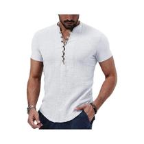 Camiseta Masculina Casual de Linho e Algodão - Manga Curta com Decote em V e Botão