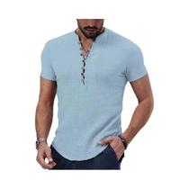 Camiseta Masculina Casual de Linho e Algodão - Manga Curta com Decote em V e Botão