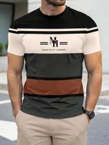 Camiseta Masculina Casual De Manga Curta Com Estampa Listrada, Secagem Rápida E Respirável,