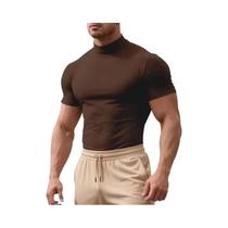 Camiseta Masculina Casual De Verão Em Cor Sólida Com Gola Alta E Manga Curta Elástica Para Corrida E