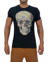 Camiseta Masculina com Caveira Strass Brilhante Pedrarias -Slim Fit-Viscolycra Encorpada Extra Macia