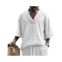 Camiseta Masculina De Algodão Com Decote Em V, Estilo Japonês E Coreano, Ajuste Solto, Manga De Sete