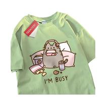 Camiseta Masculina De Algodão Com Estampa De Gato Ocupado Com Fones De Ouvido, Caimento Solto, Alta - teekossc