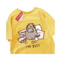 Camiseta Masculina De Algodão Com Estampa De Gato Ocupado Com Fones De Ouvido, Caimento Solto, Alta