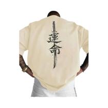 Camiseta Masculina De Algodão Com Manga Curta, Estampa De Espada Samurai Japonesa, Corte Regular,