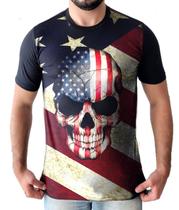 Camiseta Masculina De Caveira Skull USA Bandeira Estados Unidos Camisa Preta Oversized Long