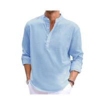 Camiseta Masculina De Linho E Algodão De Manga Longa Leve Respirável Casual Streetwear Cor Sólida