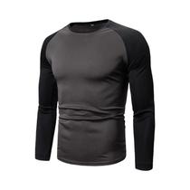 Camiseta Masculina De Manga Longa Com Bloco De Cores, Gola Redonda E Patchwork, Top Para Todas as