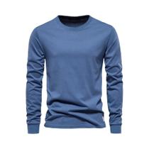 Camiseta Masculina De Manga Longa Em Algodão, Cor Sólida, Decote Redondo, Casual, Primavera E