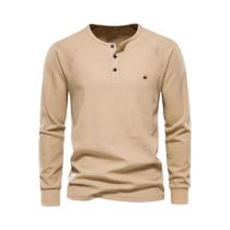 Camiseta Masculina De Manga Longa Waffle Henley Respirável Básica De Cor Sólida Para Outono Da