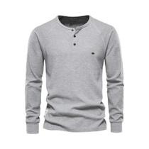 Camiseta Masculina De Manga Longa Waffle Henley Respirável Básica Em Cor Sólida Para O Outono Da