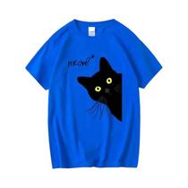 Camiseta Masculina De Verão Com Estampa De Gato Preto, Mistura De Algodão, Casual, Solta, Gola