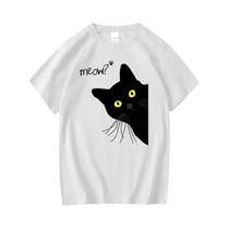 Camiseta Masculina De Verão Com Estampa De Gato Preto, Mistura De Algodão, Casual, Solta, Gola
