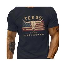 Camiseta Masculina De Verão Em Algodão Com Estampa De Caveira Longhorn, Gola Redonda E Manga Curta