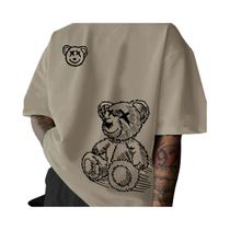 Camiseta Masculina De Verão Em Algodão Com Estampa De Urso Em Desenho Animado, Gola Redonda, Manga