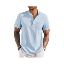 Camiseta Masculina De Verão Em Algodão E Linho Com Gola Henley, Leve, Respirável, Casual, Para