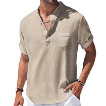 Camiseta Masculina De Verão Em Algodão E Linho Com Gola Henley, Roupas Casuais Masculinas
