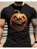 Camiseta Masculina em Algodão com Estampa de Abóbora Assustadora Camiseta Masculina em Algodão com Estampa de Abóbora Assustadora