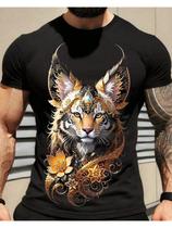 Camiseta Masculina em Algodão com Estampa de Tigre Dourado