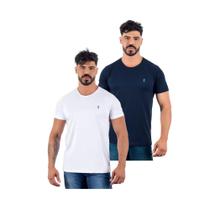 Camiseta Masculina em Algodão Kit 2 Pç Azul Marinho e Branco