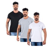 Camiseta Masculina em Algodão Kit 3 Pç Preto Branco Cinza Camiseta Masculina em Algodão Kit 3 Pç Preto Branco Cinza
