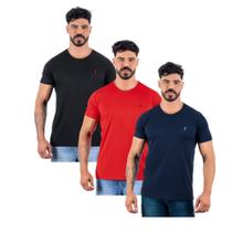 Camiseta Masculina em Algodão Kit 3 Pç Vermelho Preto e Azul