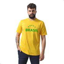 Camiseta Masculina Estampa Escrita Brasil Amarela Algodão