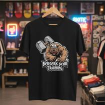 Camiseta Masculina Estampa Urso Guerreiro Treino Academia Musculação Algodão Selecionado Leve Camisa Preta Streetwear Blusa Preta Esportes Presente