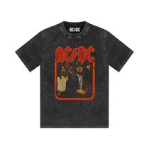 Camiseta Masculina Estampada AC/DC Band, Lavada, Retro, Manga Curta, Confortável, Casual, Estilo
