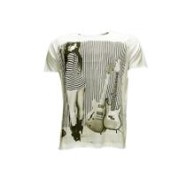 Camiseta Masculina Estampada Mulher Guitarra - 100% Algodão Penteado Encorpado Premium - ROCK creme