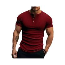 Camiseta Masculina Estilosa De Malha Listrada Com Gola Henley, Macia E Respirável, Manga Curta, Para