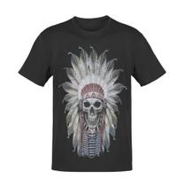 Camiseta Masculina Feminina Estampa Caveira India Cocar Estampada Frente e Costas - 100% Algodão