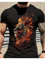 Camiseta Masculina Fogo - Estampa de Leão em Chamas em Algodão Preto