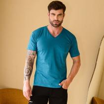 Camiseta Masculina Gola V Lisa Básica Premium Casual Azul