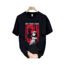 Camiseta Masculina Gótica Estampada Com Efeito Desgastado Vermelha 'Not Today Jesus' Casual De Gola Camiseta Masculina Gótica Estampada Com Efeito Desgastado Vermelha 'Not Today Jesus' Casual De Gola