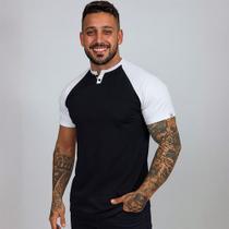 Camiseta Masculina Henley Slim Manga Curta Casual Moderno