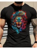 Camiseta Masculina Leão Colorido em Algodão Preto - Estilo Vibrante Camiseta Masculina Leão Colorido em Algodão Preto - Estilo Vibrante